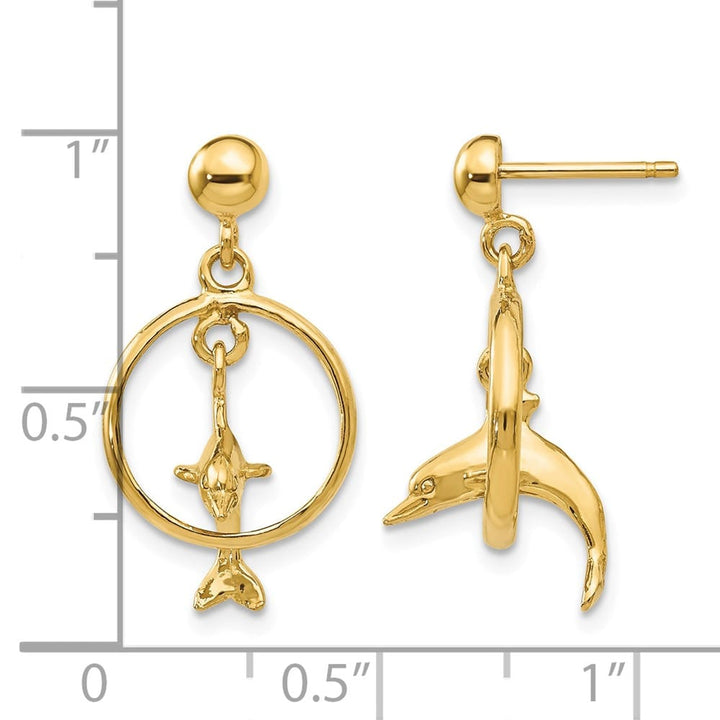 14K Yellow Gold 3-D Dolphin Jumping Through Hoop Dangle Post Earrings, view 4 of 4