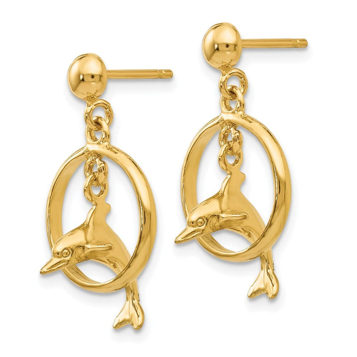 14K Yellow Gold 3-D Dolphin Jumping Through Hoop Dangle Post Earrings, view 2 of 4