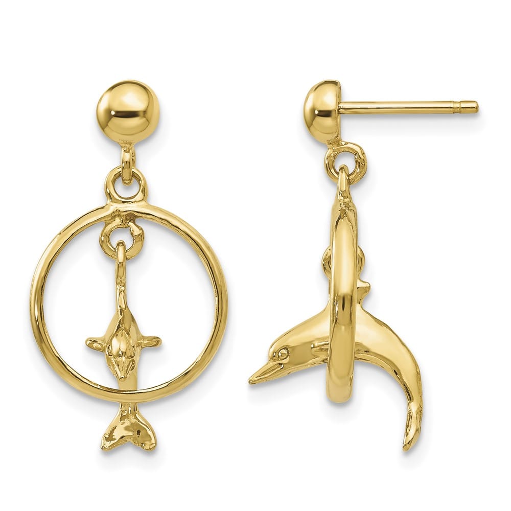 14K Yellow Gold 3-D Dolphin Jumping Through Hoop Dangle Post Earrings, view 1 of 4