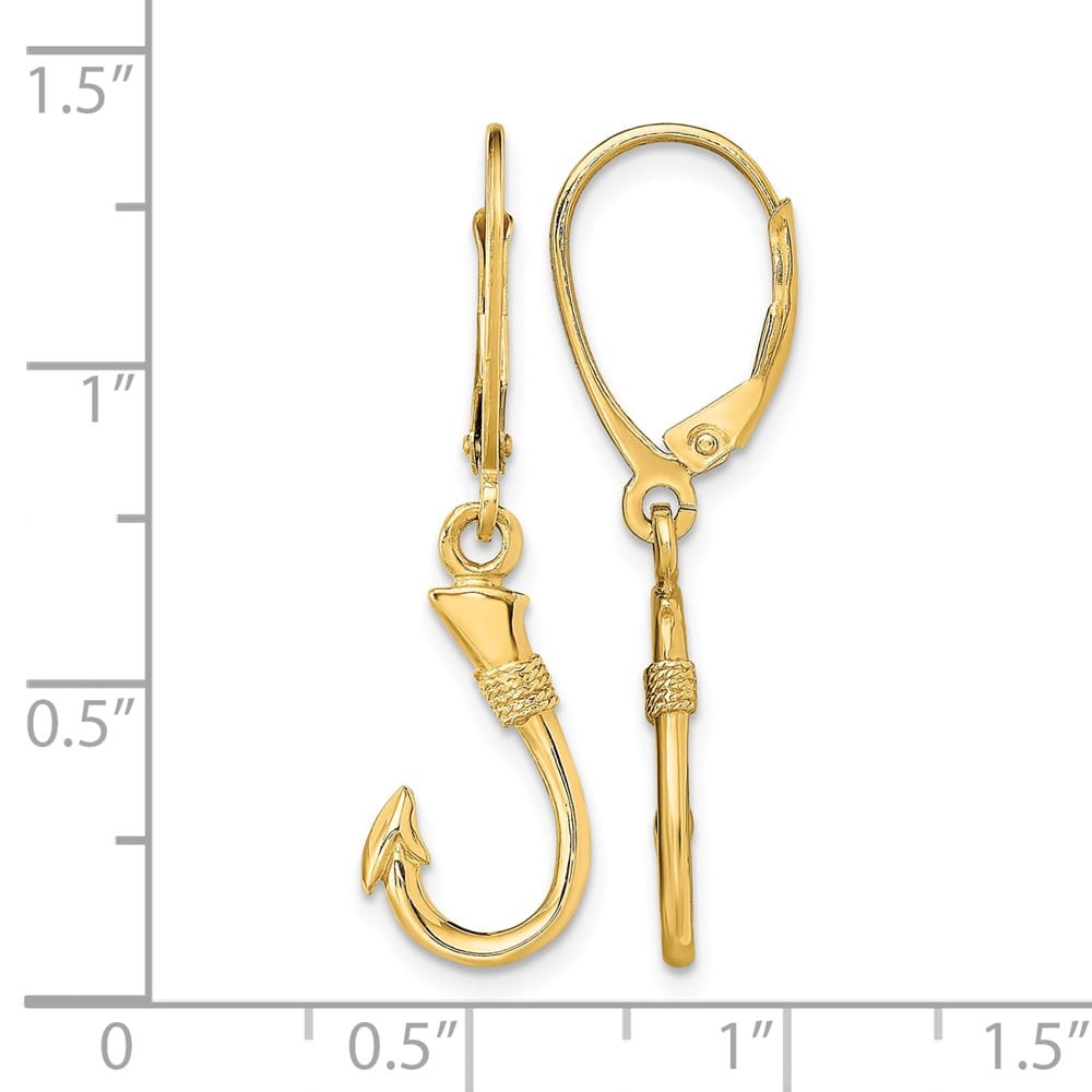 14K Yellow Gold 3-D Fish Hook Dangle Leverback Earrings, view 4 of 4