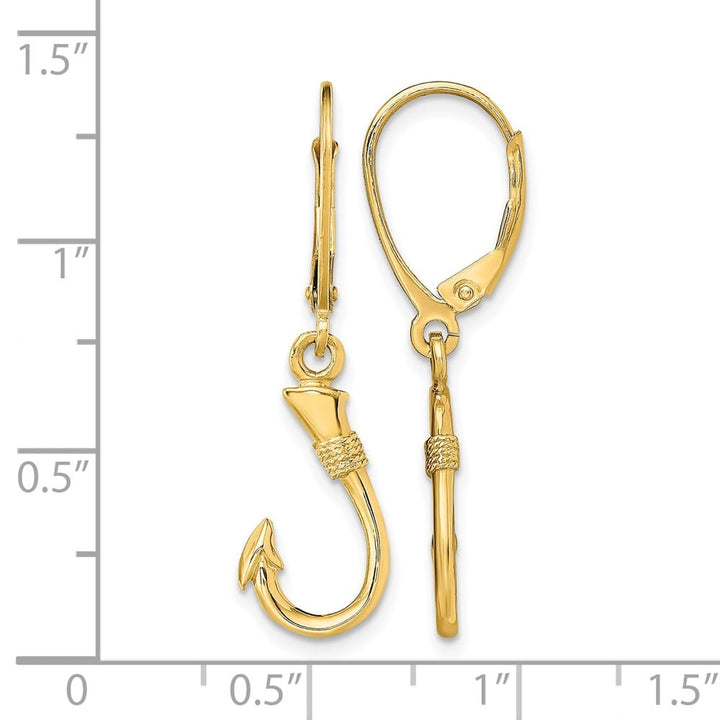 14K Yellow Gold 3-D Fish Hook Dangle Leverback Earrings, view 4 of 4