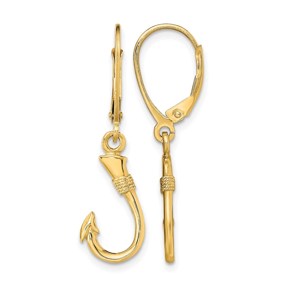 14K Yellow Gold 3-D Fish Hook Dangle Leverback Earrings, view 1 of 4