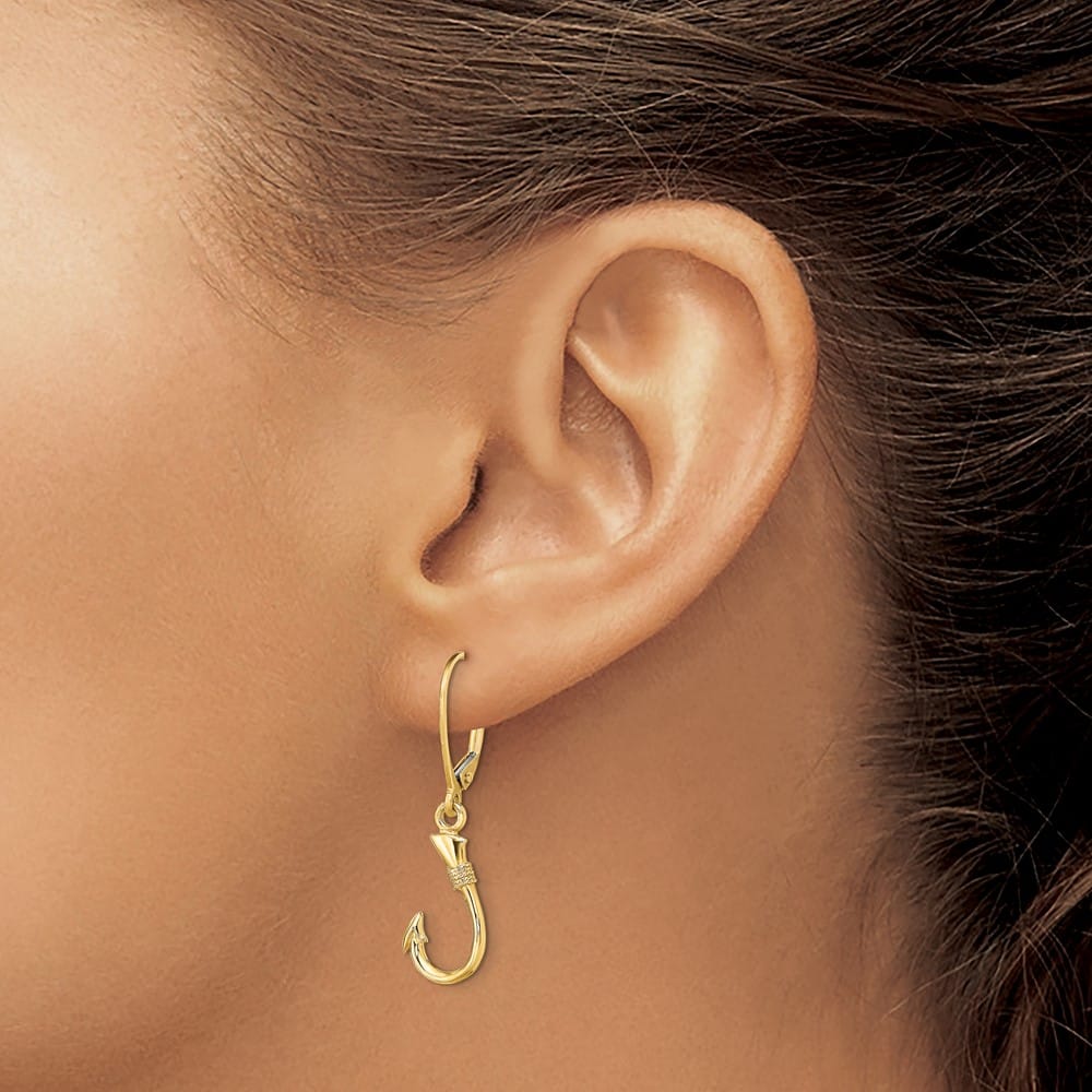 14K Yellow Gold 3-D Fish Hook Dangle Leverback Earrings, view 3 of 4