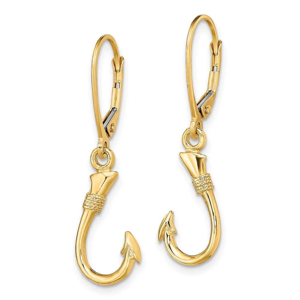 14K Yellow Gold 3-D Fish Hook Dangle Leverback Earrings, view 2 of 4