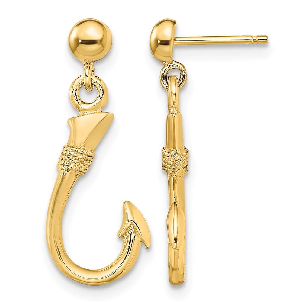 14K Yellow Gold 3-D Fish Hook Dangle Post Earrings, view 1 of 4