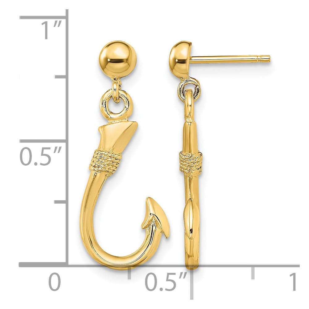 14K Yellow Gold 3-D Fish Hook Dangle Post Earrings, view 4 of 4