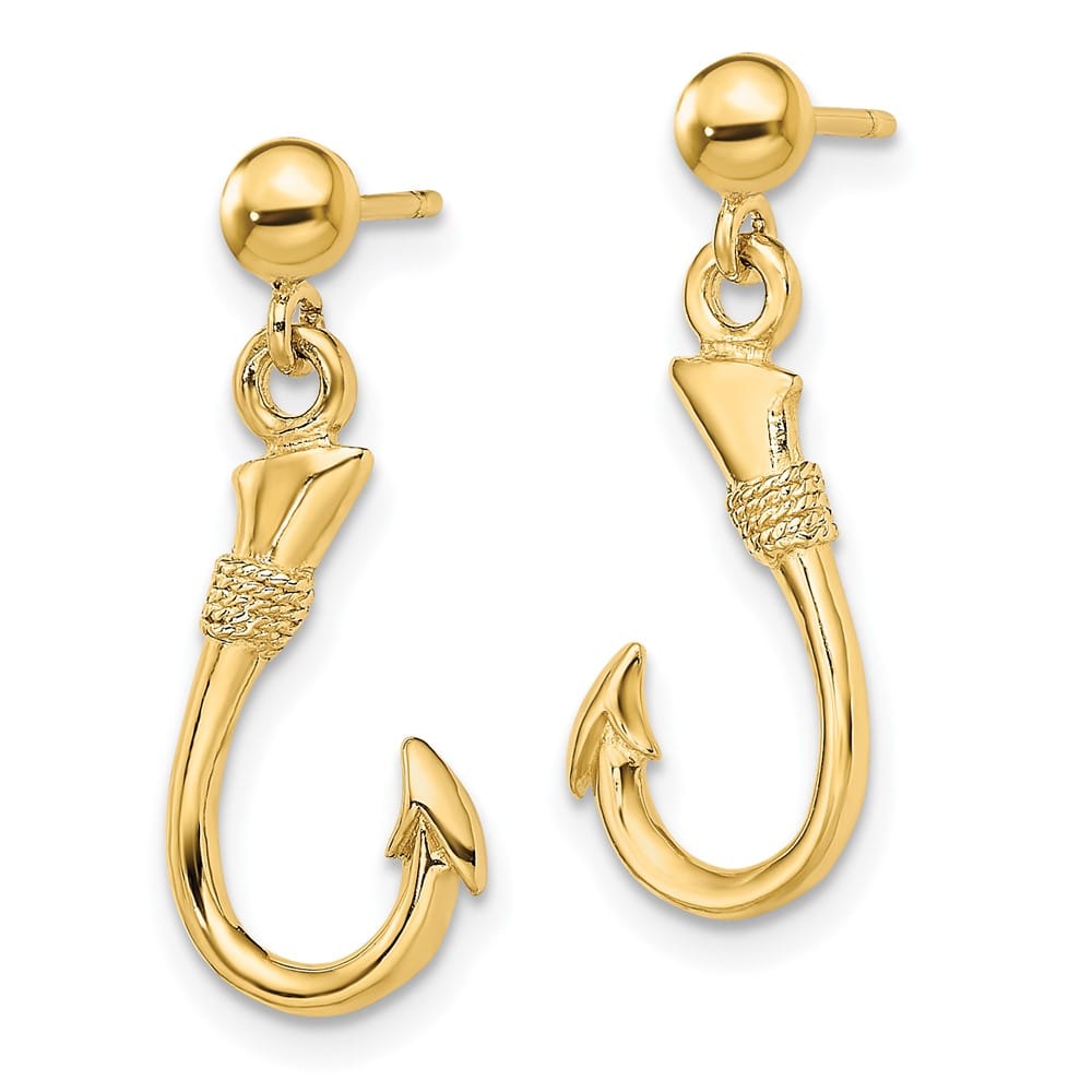 14K Yellow Gold 3-D Fish Hook Dangle Post Earrings, view 2 of 4