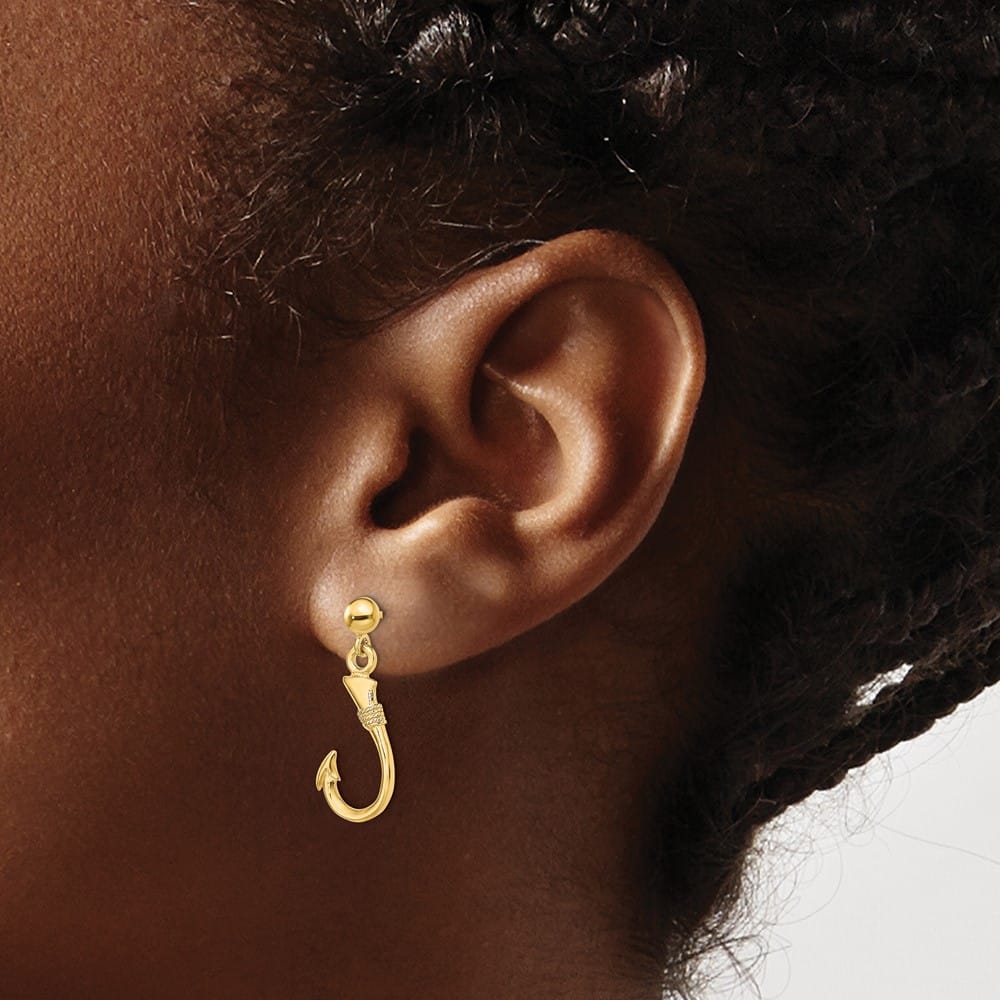 14K Yellow Gold 3-D Fish Hook Dangle Post Earrings, view 3 of 4