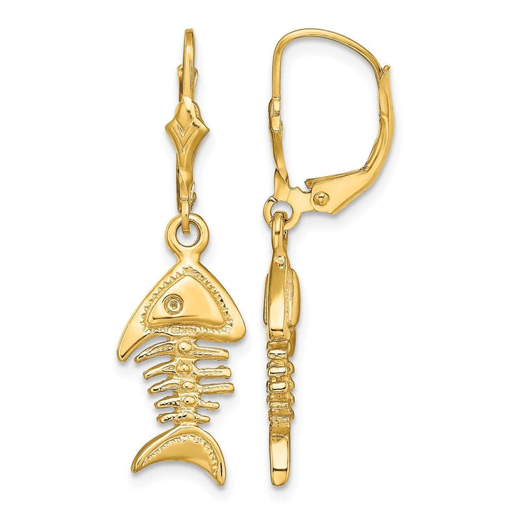 14K Yellow Gold 3-D Fishbone Dangle Leverback Earrings, view 1 of 4