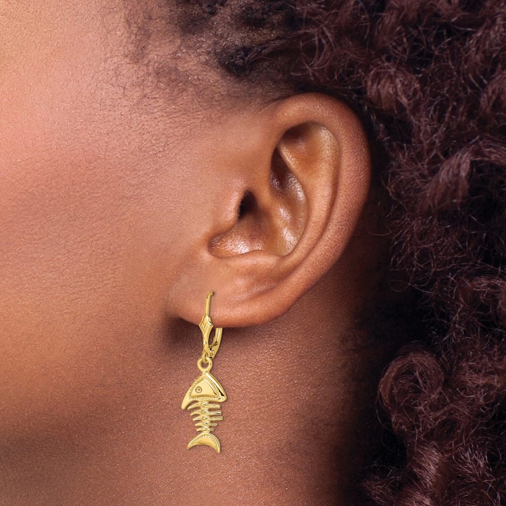 14K Yellow Gold 3-D Fishbone Dangle Leverback Earrings, view 3 of 4