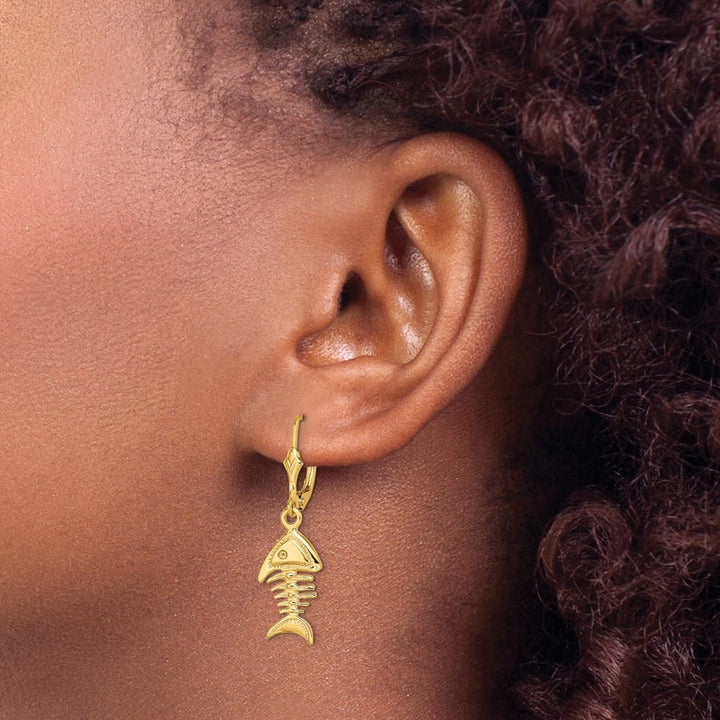 14K Yellow Gold 3-D Fishbone Dangle Leverback Earrings, view 3 of 4