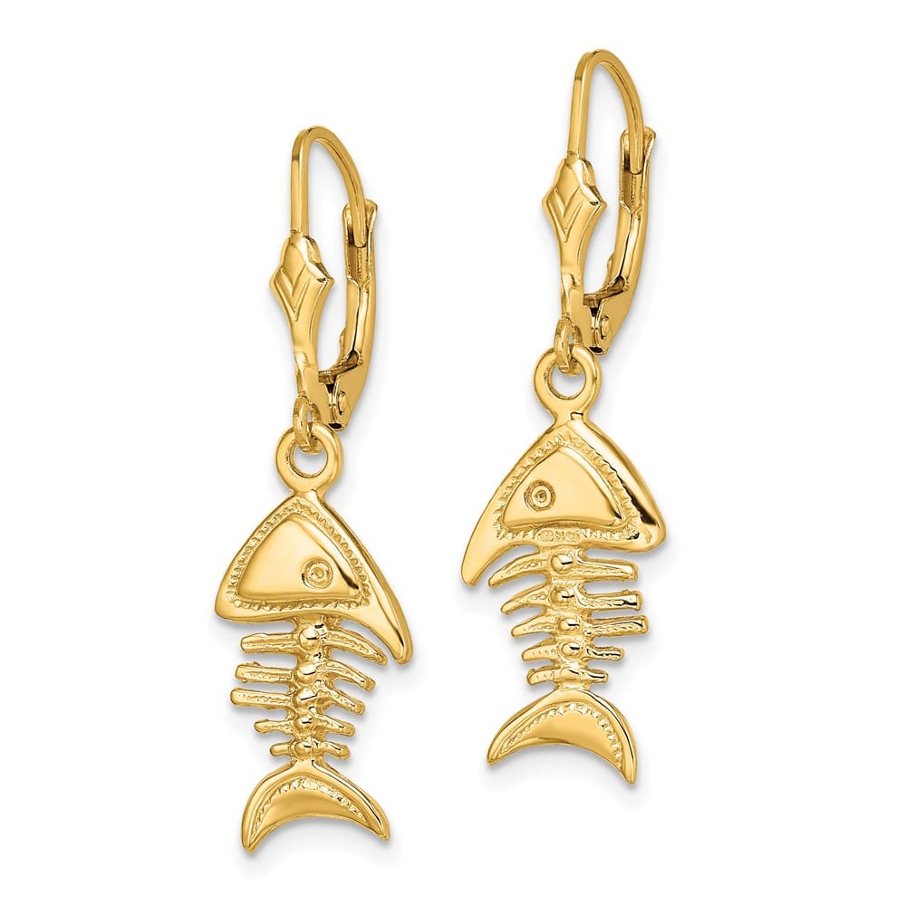 14K Yellow Gold 3-D Fishbone Dangle Leverback Earrings, view 2 of 4