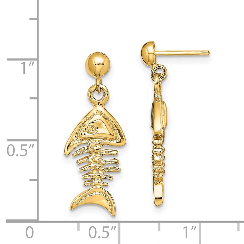 14K Yellow Gold 3-D Fishbone Dangle Post Earrings, view 4 of 4