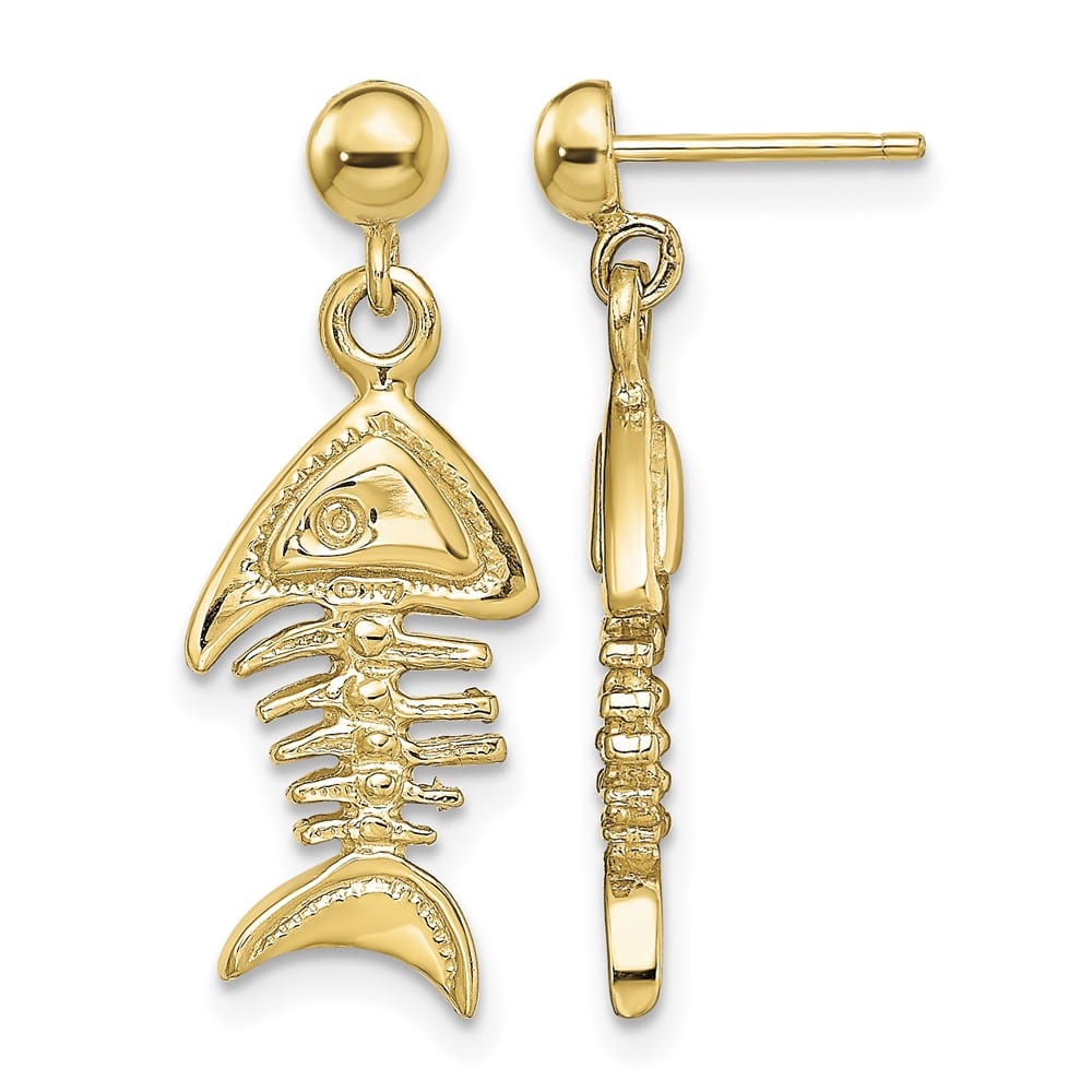 14K Yellow Gold 3-D Fishbone Dangle Post Earrings, view 1 of 4