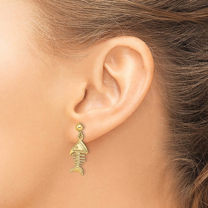 14K Yellow Gold 3-D Fishbone Dangle Post Earrings, view 3 of 4