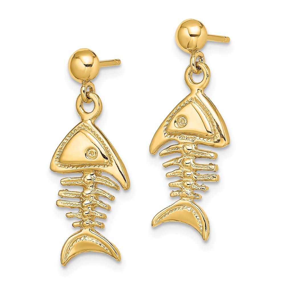 14K Yellow Gold 3-D Fishbone Dangle Post Earrings, view 2 of 4
