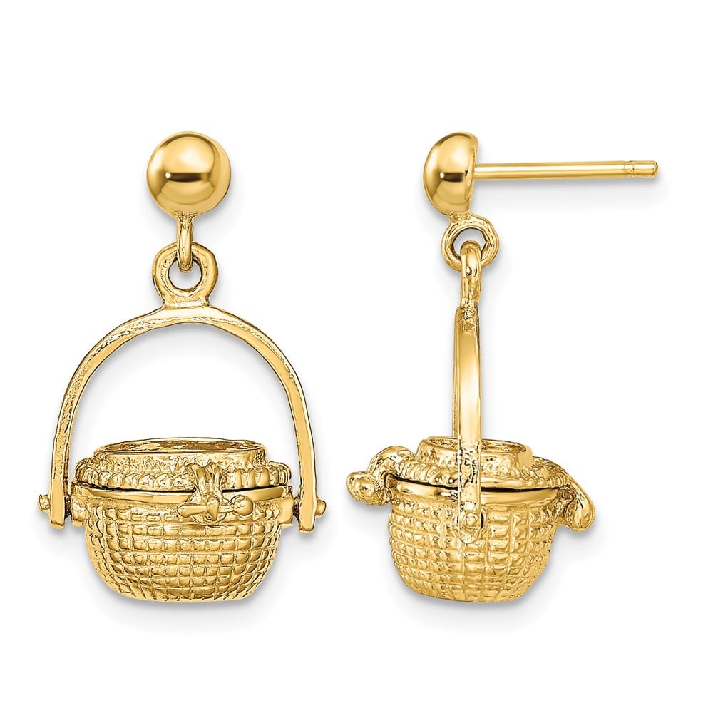14K Yellow Gold 3-D Nantucket Basket Opens Dangle Post Earrings, view 1 of 5