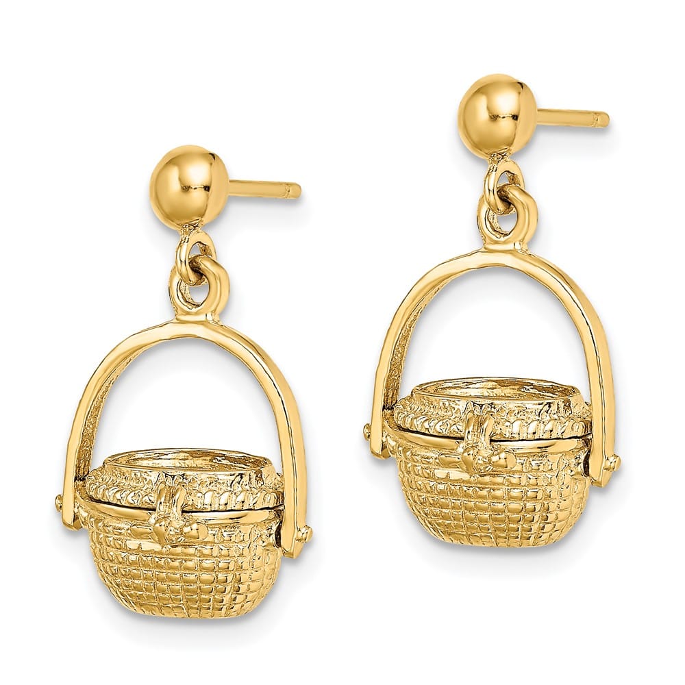 14K Yellow Gold 3-D Nantucket Basket Opens Dangle Post Earrings, view 2 of 5