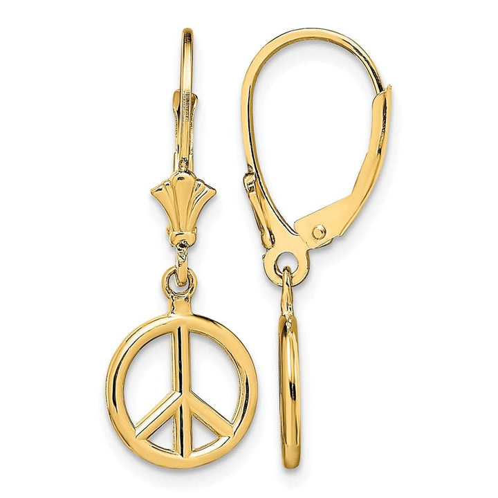 14K Yellow Gold 3-D Peace Symbol Leverback 10.1 x 10.1 mm Earrings, view 1 of 4