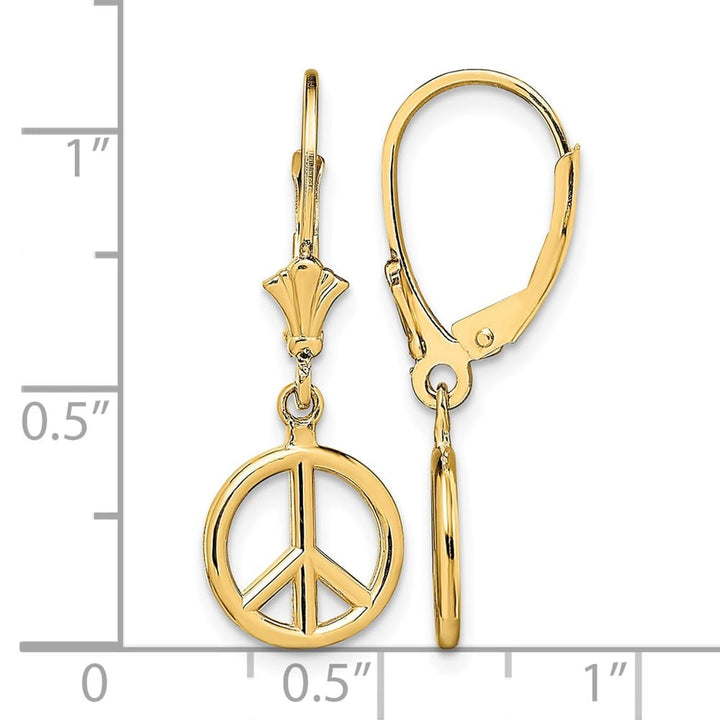 14K Yellow Gold 3-D Peace Symbol Leverback 10.1 x 10.1 mm Earrings, view 4 of 4