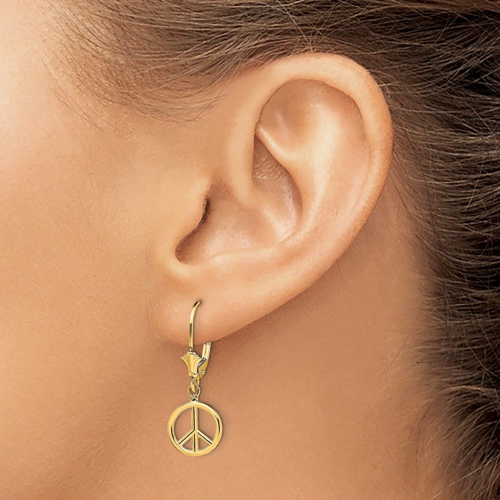 14K Yellow Gold 3-D Peace Symbol Leverback 10.1 x 10.1 mm Earrings, view 3 of 4