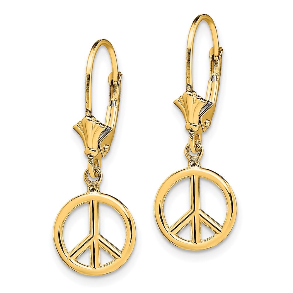 14K Yellow Gold 3-D Peace Symbol Leverback 10.1 x 10.1 mm Earrings, view 2 of 4