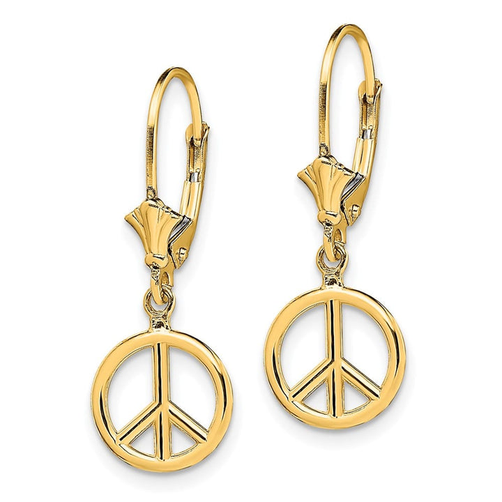 14K Yellow Gold 3-D Peace Symbol Leverback 10.1 x 10.1 mm Earrings, view 2 of 4