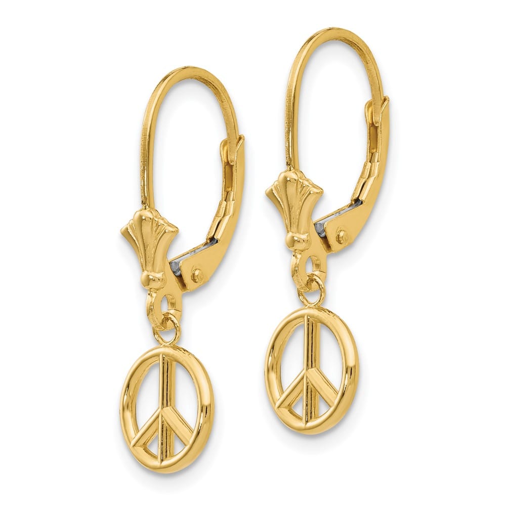 14K Yellow Gold 3-D Peace Symbol Leverback 25.5 x 8.15 mm Earrings, view 2 of 4
