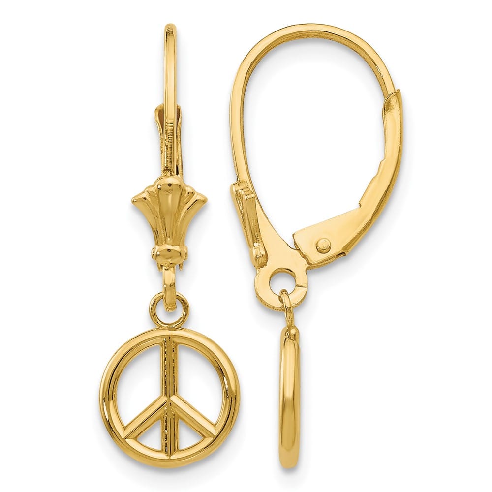 14K Yellow Gold 3-D Peace Symbol Leverback 25.5 x 8.15 mm Earrings, view 1 of 4