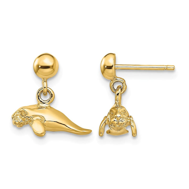 14K Yellow Gold 3-D Polished Mini Manatee Dangle Post Earrings, view 1 of 4