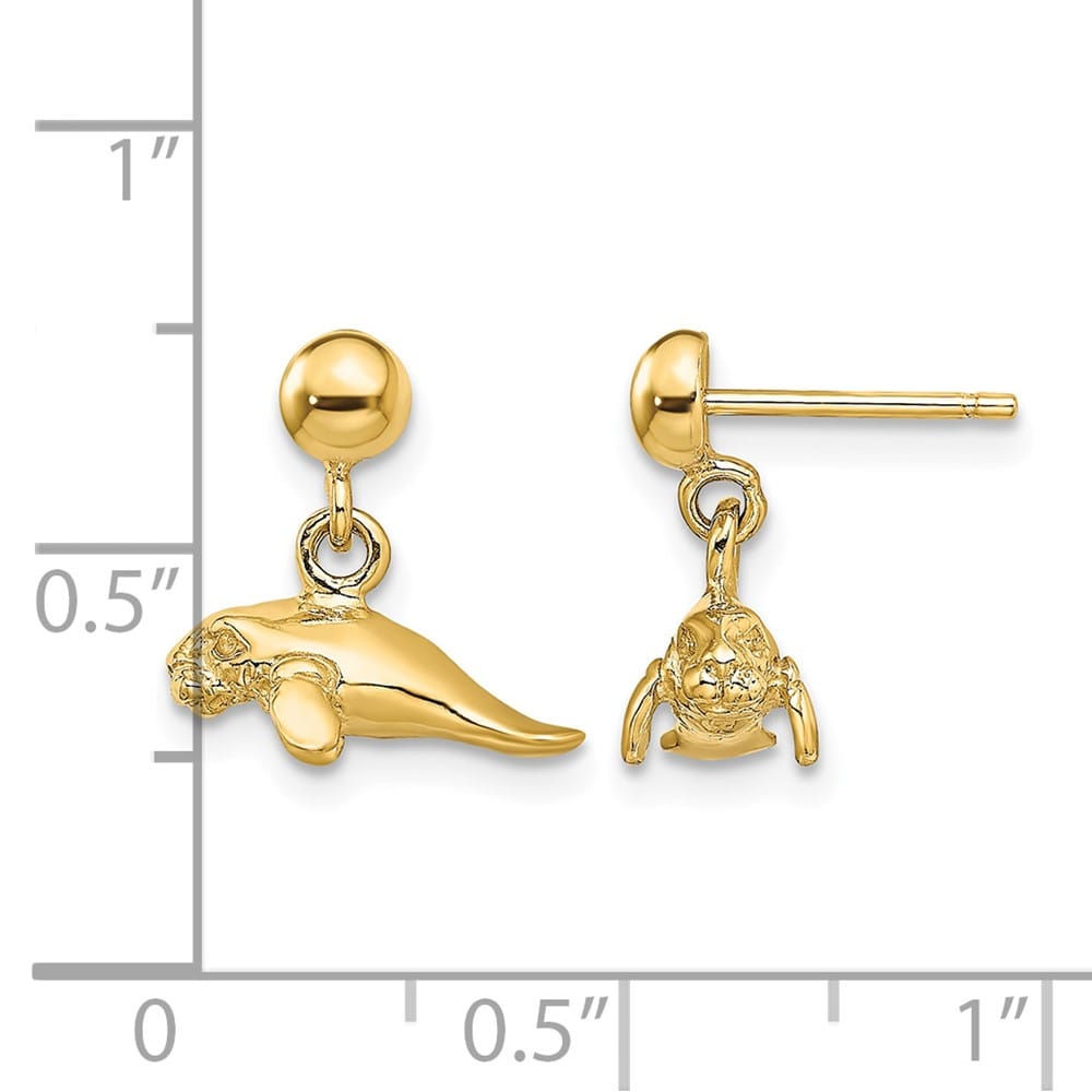 14K Yellow Gold 3-D Polished Mini Manatee Dangle Post Earrings, view 4 of 4