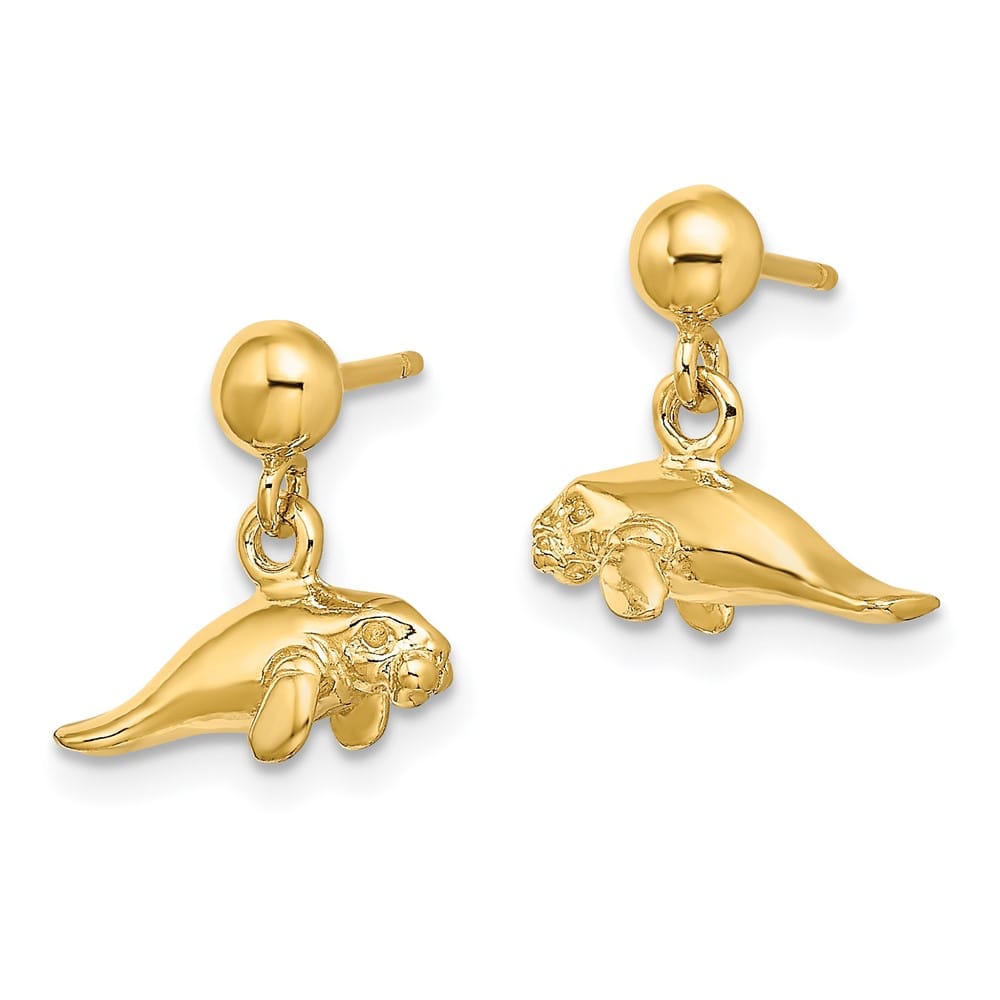 14K Yellow Gold 3-D Polished Mini Manatee Dangle Post Earrings, view 2 of 4