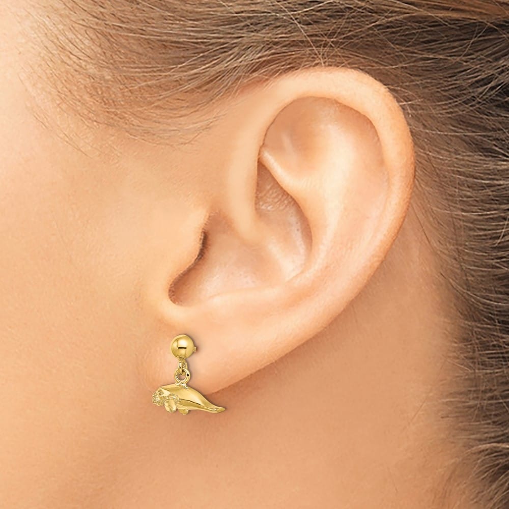 14K Yellow Gold 3-D Polished Mini Manatee Dangle Post Earrings, view 3 of 4