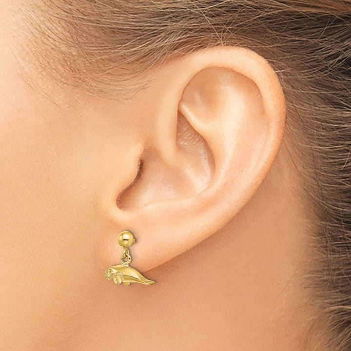 14K Yellow Gold 3-D Polished Mini Manatee Dangle Post Earrings, view 3 of 4