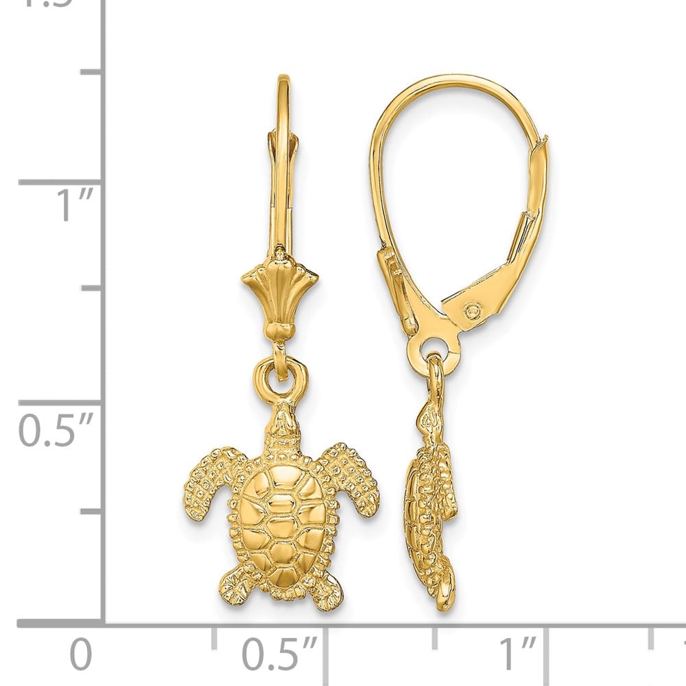 14K Yellow Gold 3-D Polished Mini Sea Turtle Dangle Leverback Earrings, view 4 of 4