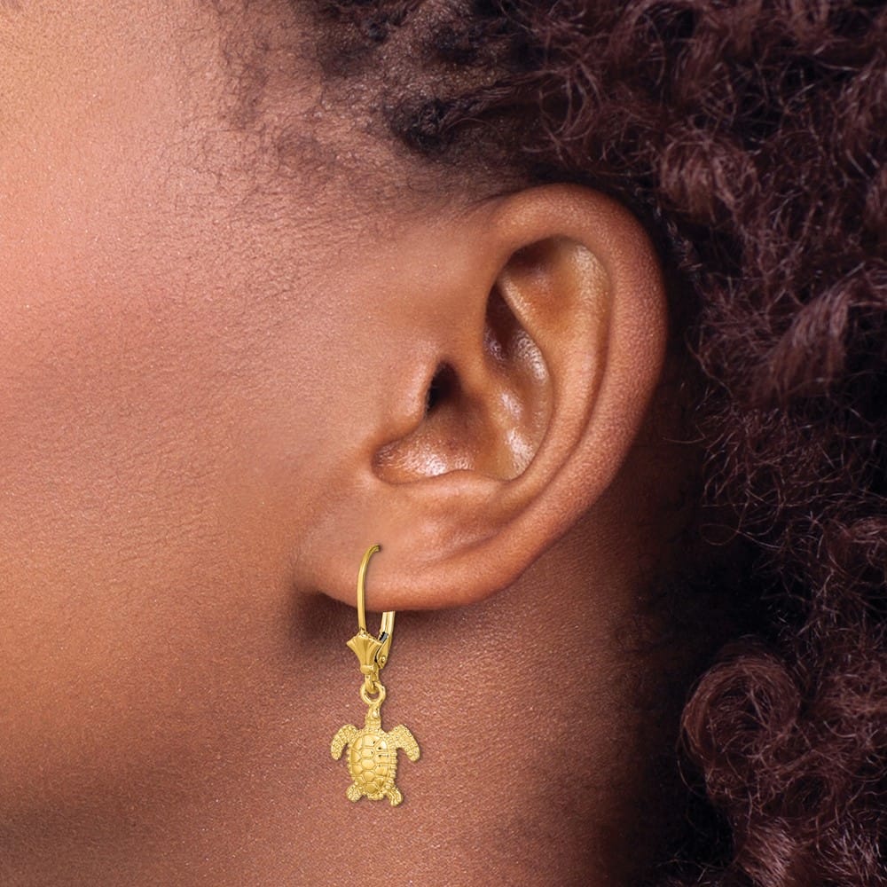 14K Yellow Gold 3-D Polished Mini Sea Turtle Dangle Leverback Earrings, view 3 of 4