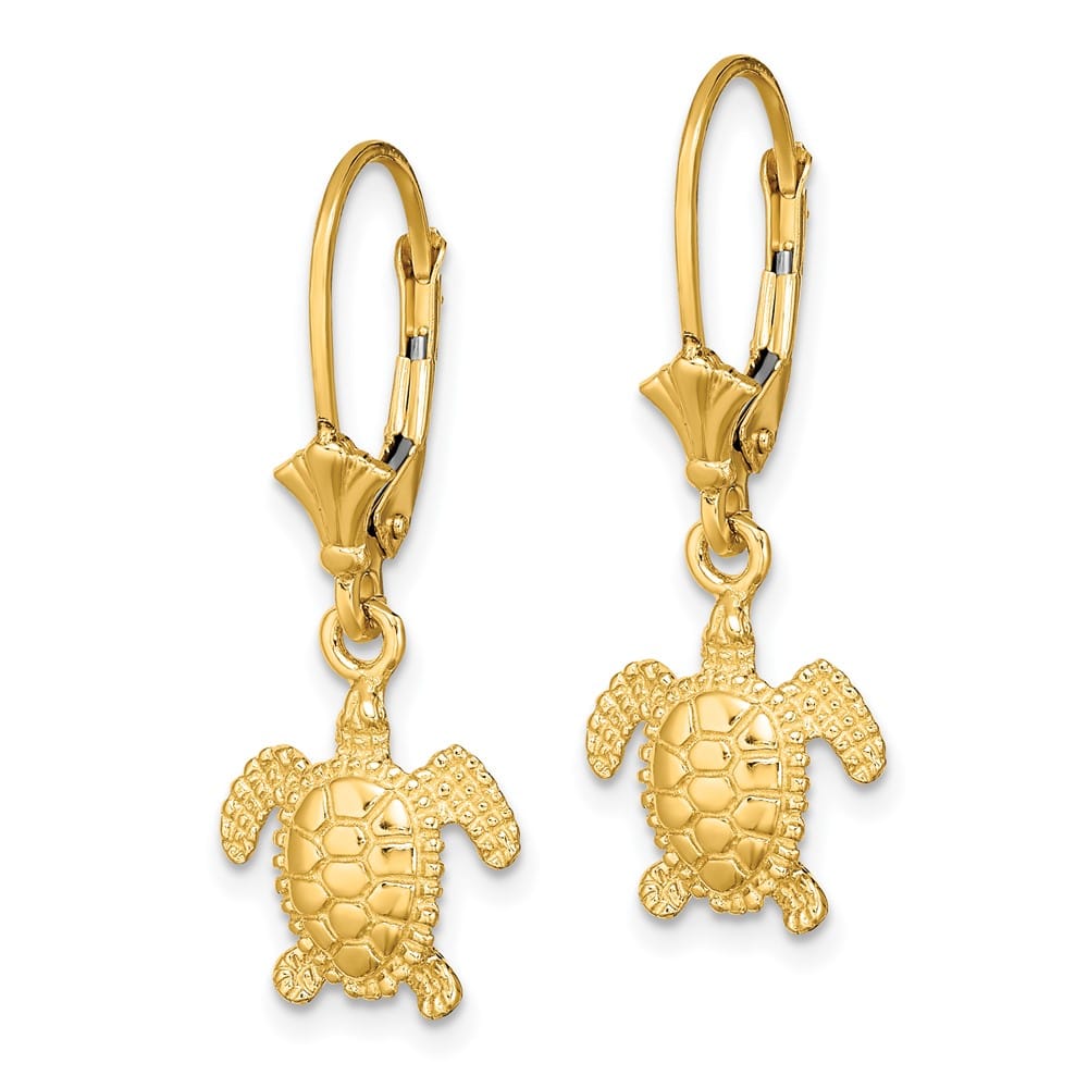 14K Yellow Gold 3-D Polished Mini Sea Turtle Dangle Leverback Earrings, view 2 of 4