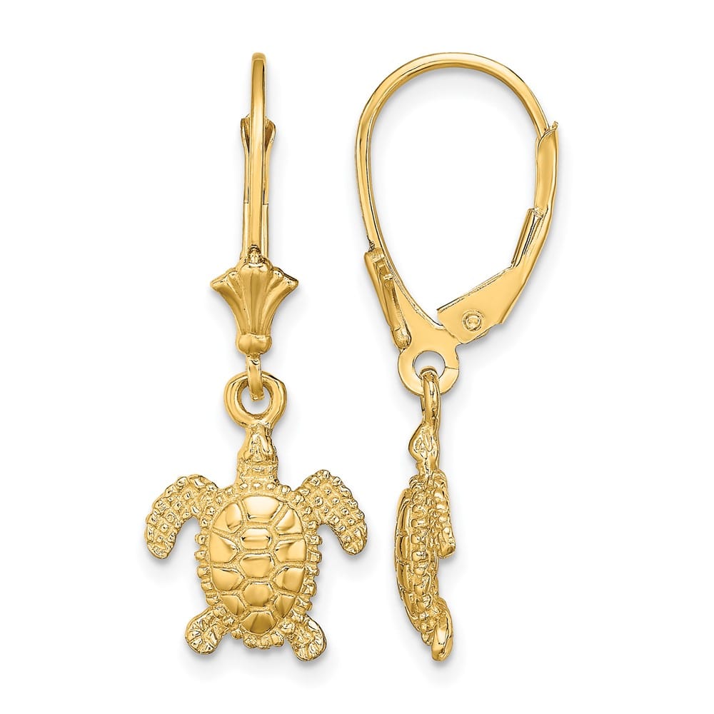 14K Yellow Gold 3-D Polished Mini Sea Turtle Dangle Leverback Earrings, view 1 of 4
