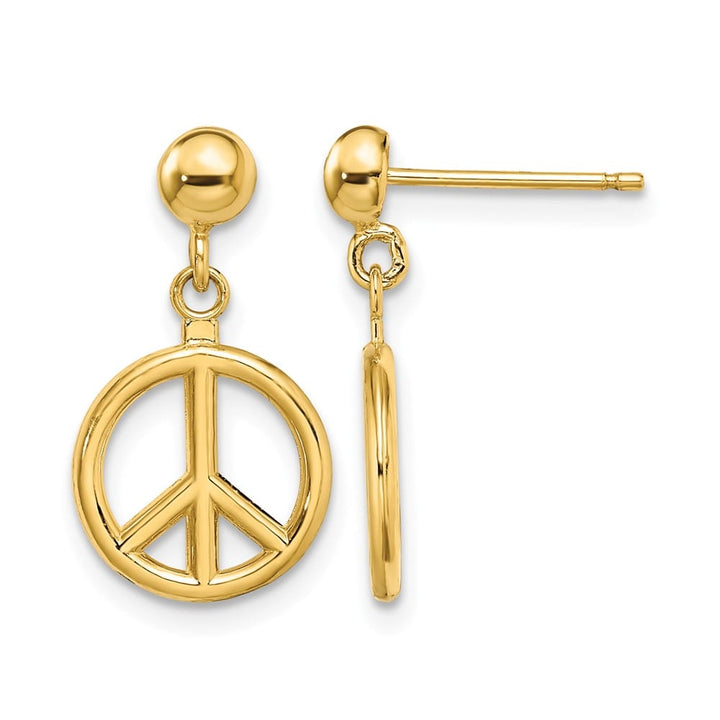 14K Yellow Gold 3-D Polished Peace Symbol Dangle Post Earrings, view 1 of 4
