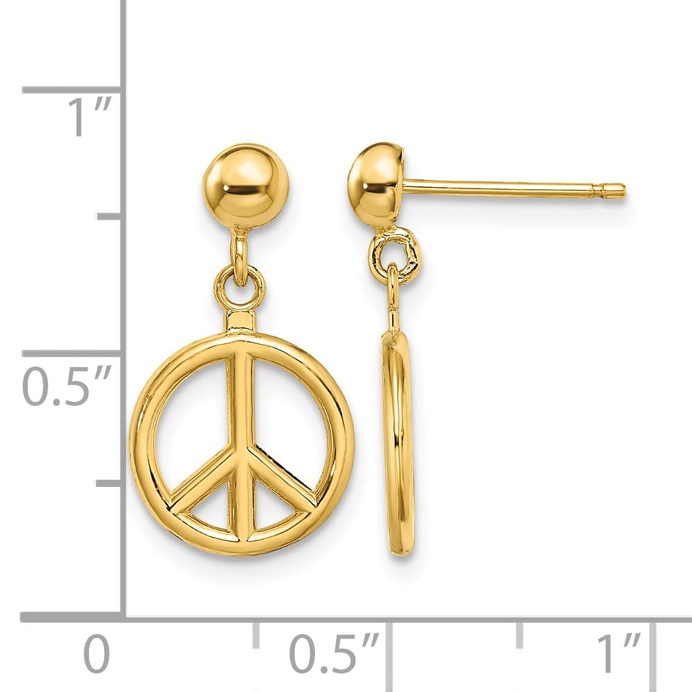 14K Yellow Gold 3-D Polished Peace Symbol Dangle Post Earrings, view 4 of 4