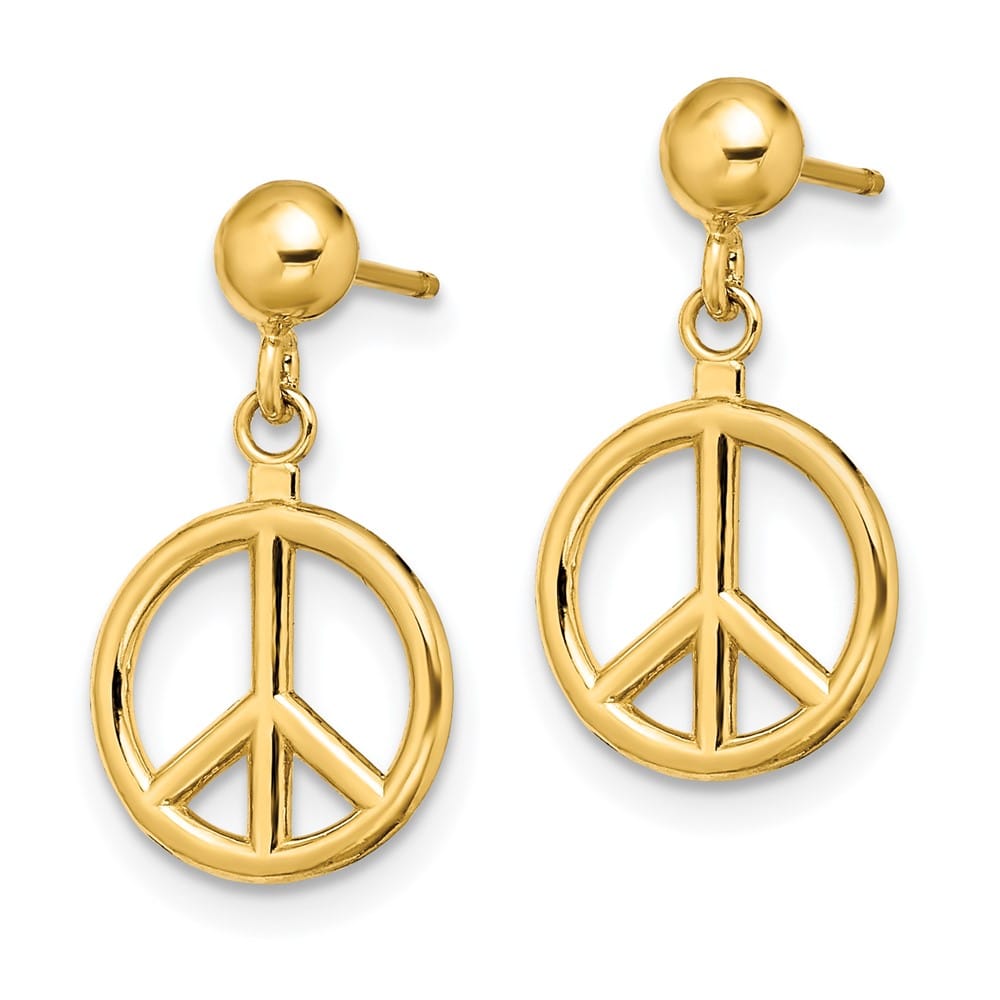 14K Yellow Gold 3-D Polished Peace Symbol Dangle Post Earrings, view 2 of 4