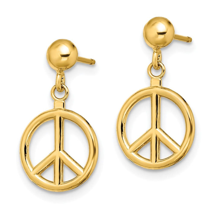 14K Yellow Gold 3-D Polished Peace Symbol Dangle Post Earrings, view 2 of 4