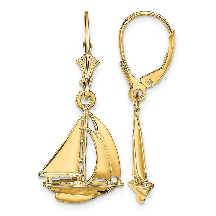 14K Yellow Gold 3-D Polished Sailboat Dangle Leverback Earrings, view 1 of 4