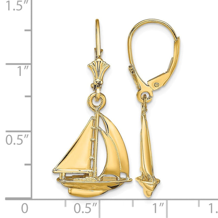 14K Yellow Gold 3-D Polished Sailboat Dangle Leverback Earrings, view 4 of 4