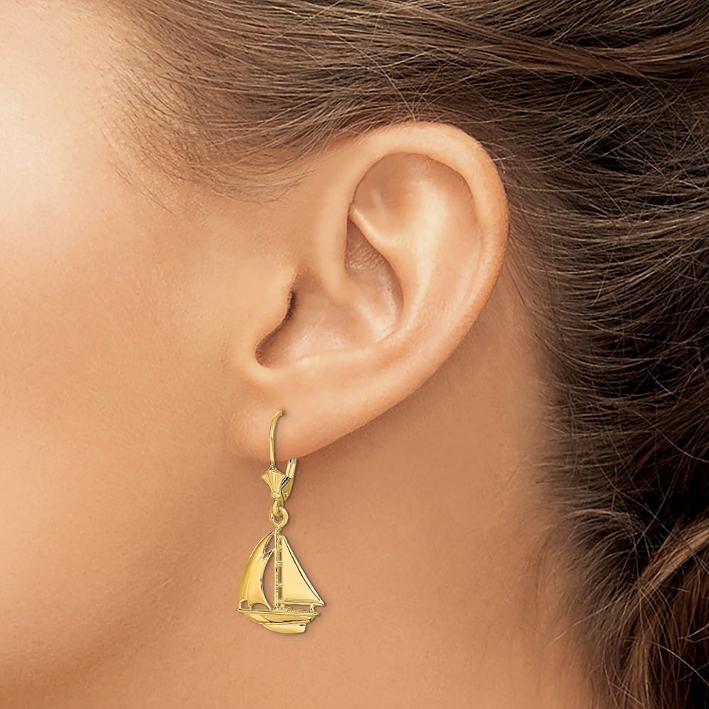 14K Yellow Gold 3-D Polished Sailboat Dangle Leverback Earrings, view 3 of 4