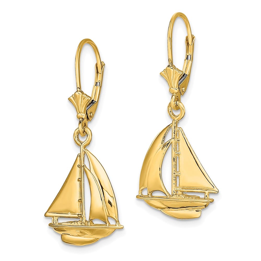 14K Yellow Gold 3-D Polished Sailboat Dangle Leverback Earrings, view 2 of 4