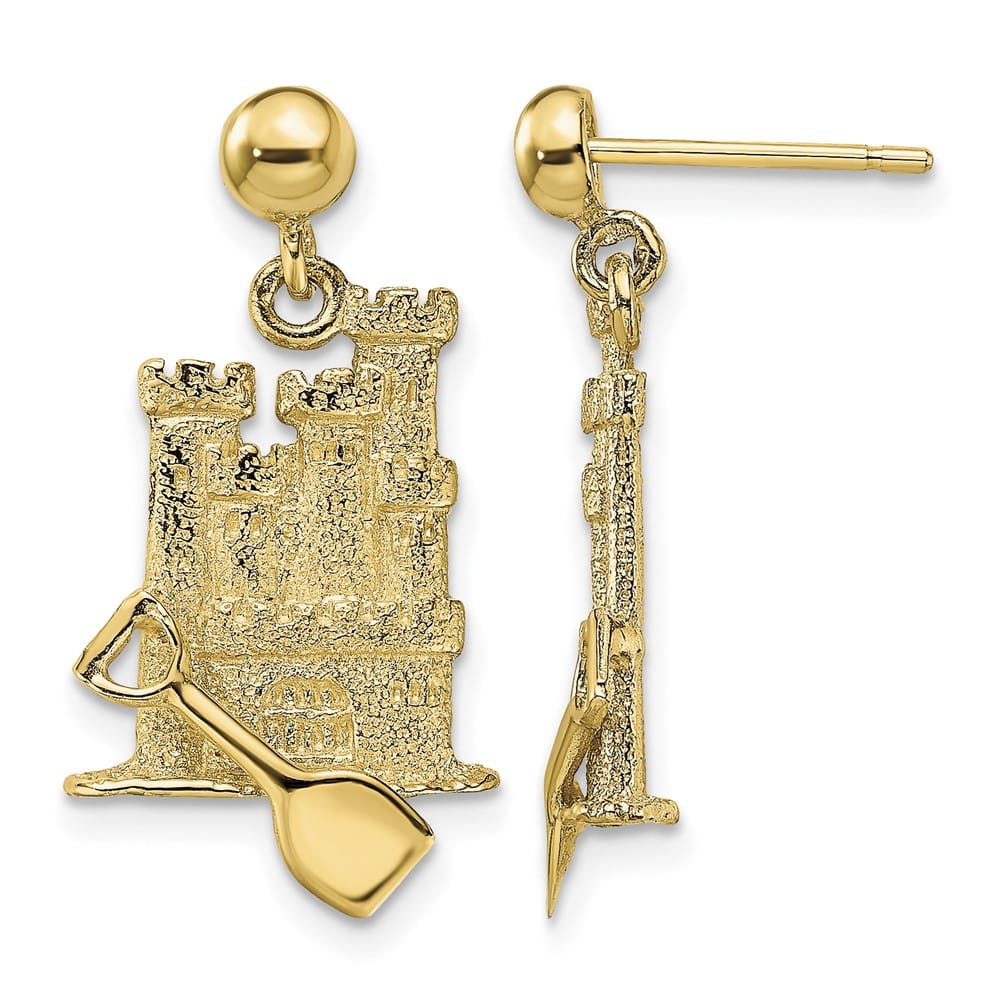 14K Yellow Gold 3-D Sand Castle with Shovel Dangle Post Earrings, view 1 of 4