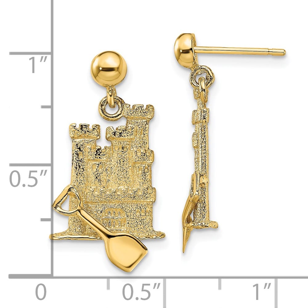 14K Yellow Gold 3-D Sand Castle with Shovel Dangle Post Earrings, view 4 of 4