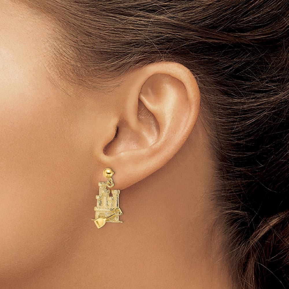 14K Yellow Gold 3-D Sand Castle with Shovel Dangle Post Earrings, view 3 of 4