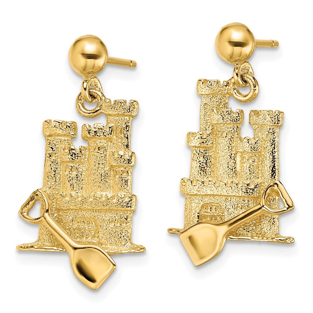14K Yellow Gold 3-D Sand Castle with Shovel Dangle Post Earrings, view 2 of 4